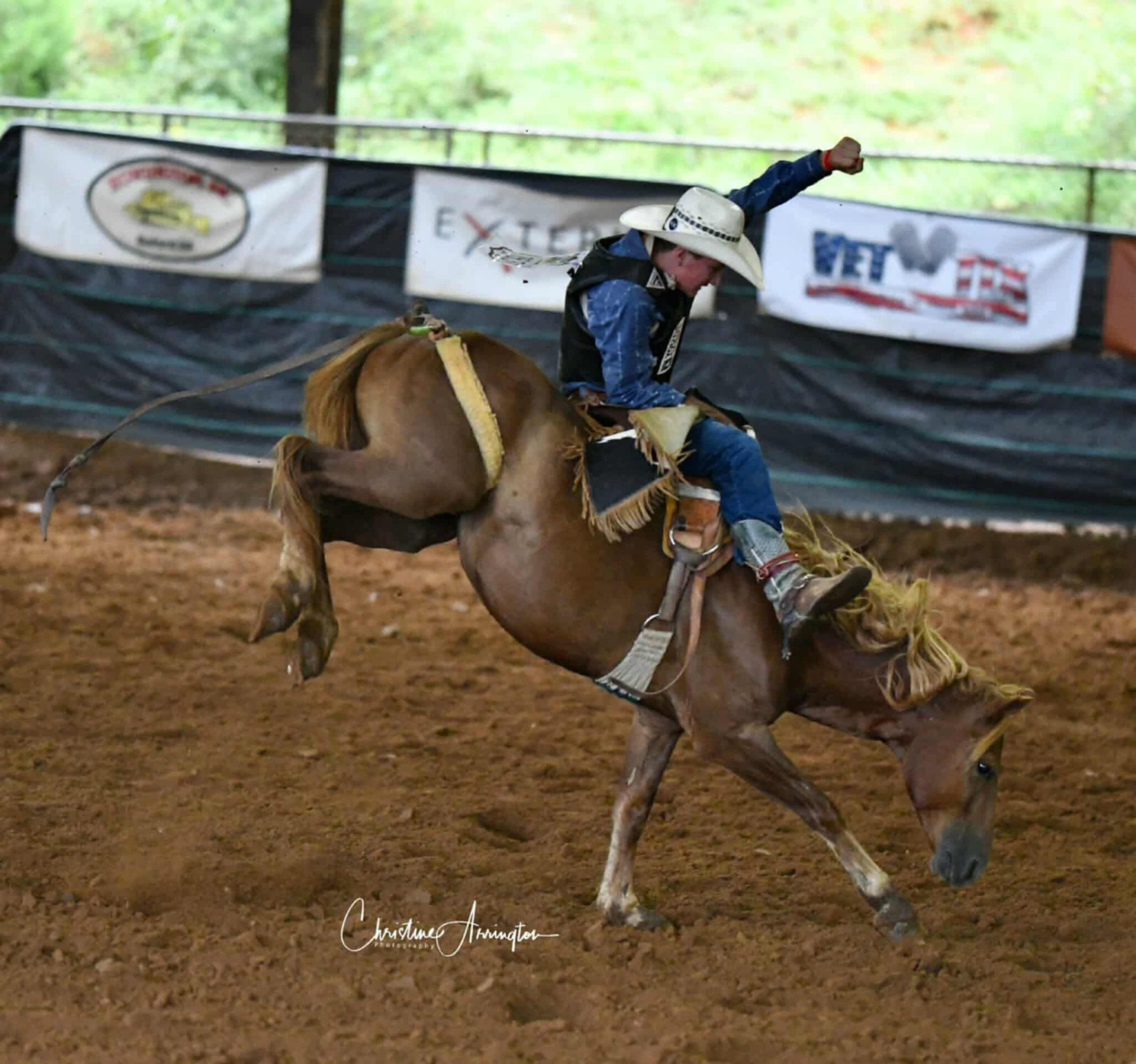 Young cowboy riding a bucking horse at Lazy D Arena